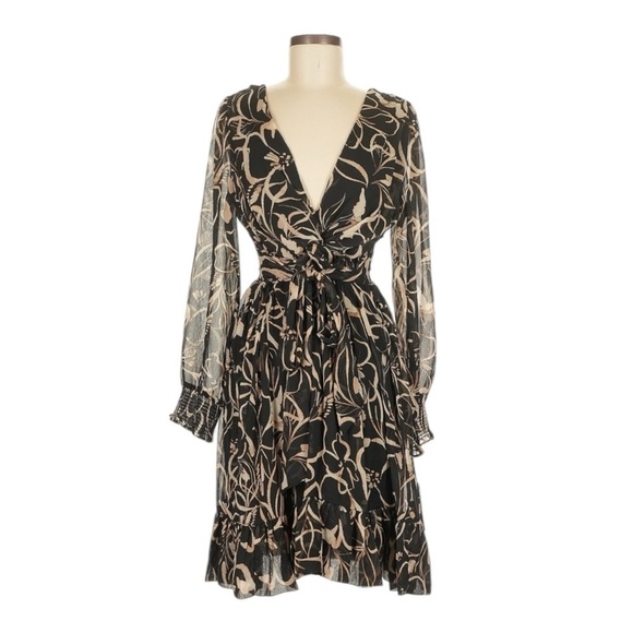 Dkny Dresses & Skirts - DKNY Printed Chiffon Long Sleeve A-Line Dress Black Beige Floral NWT 4 MSRP $139